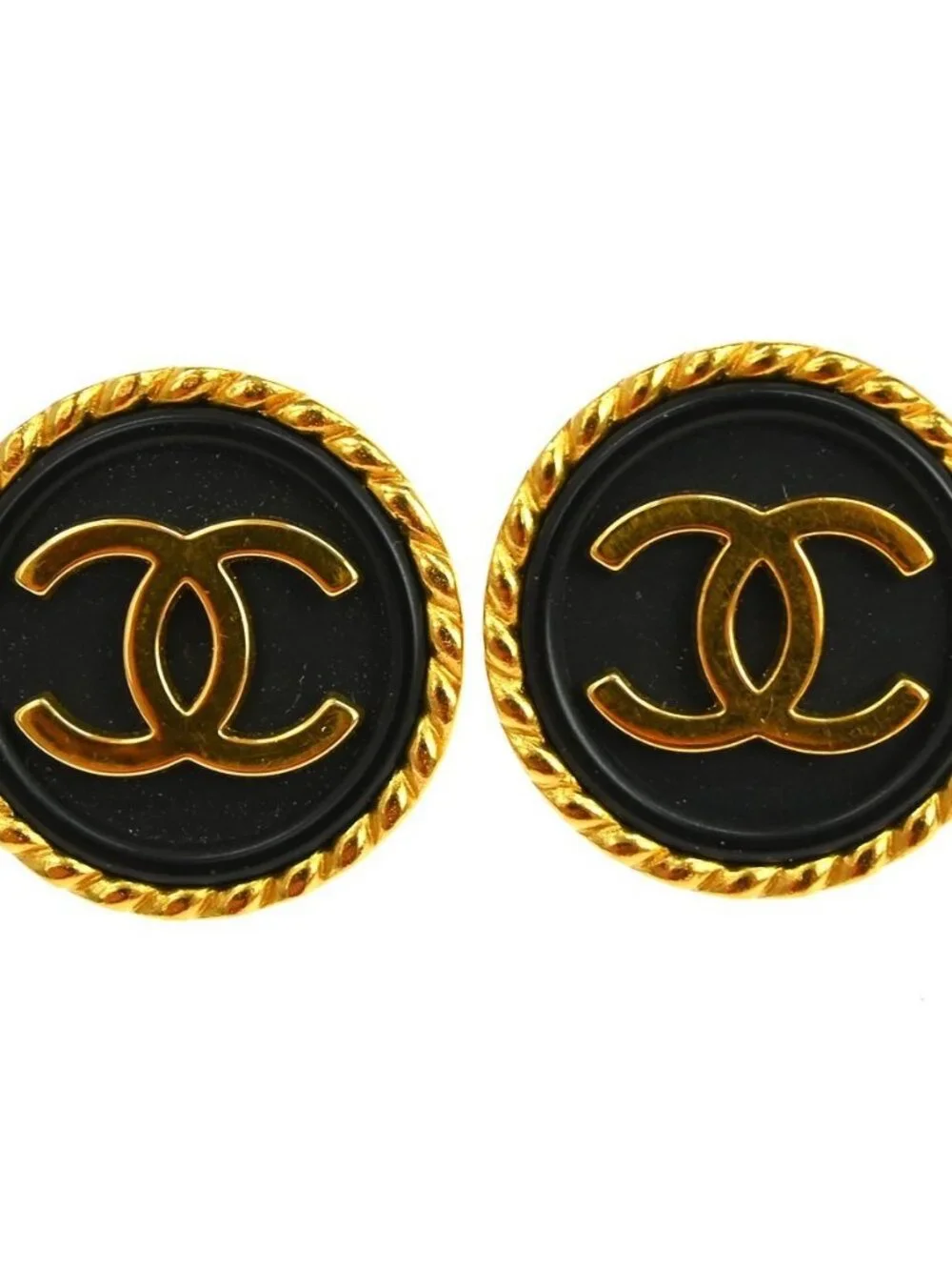 Chanel Button Earrings Clip-On Black Gold 97P NQ06212